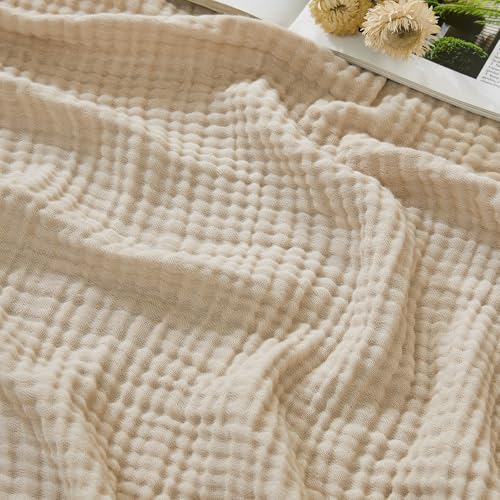 EMME Cotton Muslin Throw Blanket Couch Breathable Gauze Soft Lightweight Bed Blankets Adults (Beige, 50"x60")