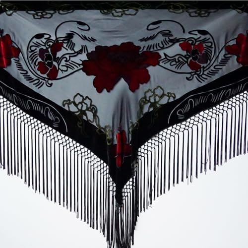 Silk Base Burn-out Velvet Triangle Scarf, with 8" Tassel on two sides, Flora pattern, Black and Red Color2