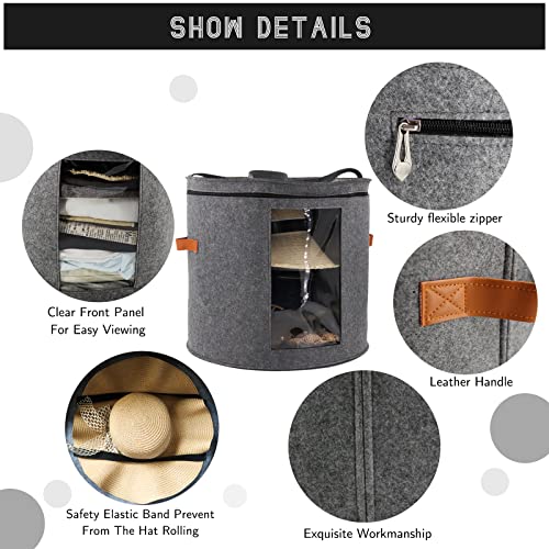 Large Hat Storage Box for Women & Men, 19" D x 17" H Hat Box Organizer with 1 Wood Hook,Foldable Round Travel Hat Boxes with Dustproof Lid, Stuffed Animal Toy Storage Bin Bag.