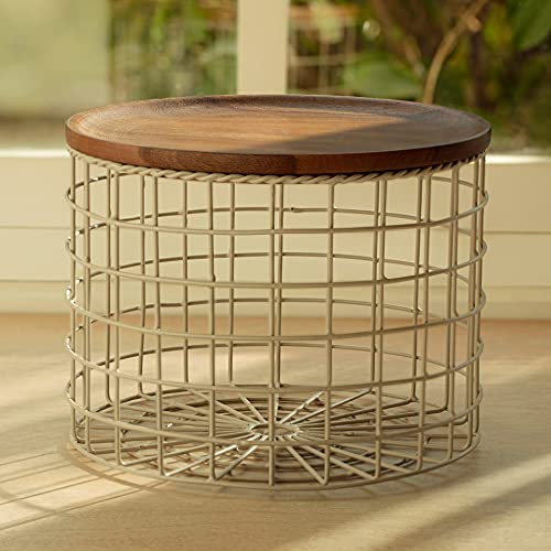 Image of Ellementry Twine Metal Wire Kitchen Vegetable Storage Basket with Wooden Lid, Fruit Basket for Pantry, Countertop Multi-Functional Fruit & Vegetable Organizer for Home & Kitchen Decor