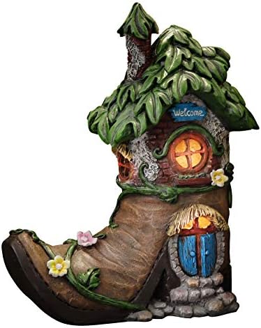 TERESA'S COLLECTIONS Boot Fairy House Garden Statues with Solar Lights, Resin Fairy Garden Accessories Outdoor Cottage Figurines Green Lawn Ornaments Decor for Outside Patio Yard Decorations, 8.5"