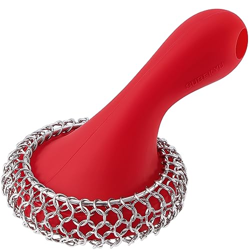 SUBEKYU Cast Iron Scrubber with Silicone Handle, Stainless Steel Cast Iron Skillet Cleaner Chainmail Scrubber for Cast Iron Pans, Red