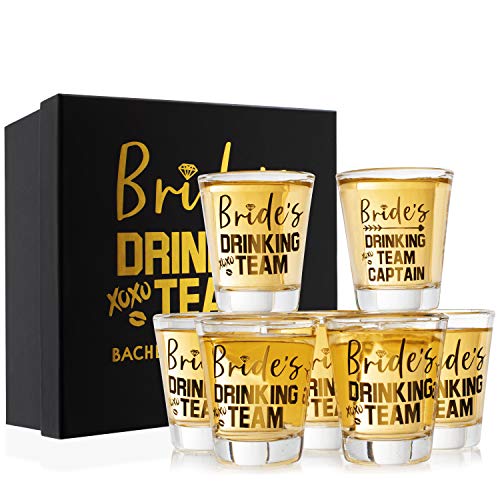 Product Image of the Bridesmaid Gifts - Bride's Drinking Team Shot Glasses - 1.5 oz, Pack of 6 Bride's Drinking Team Member + 1 Captain - Bachelorette Party Favors - Gold Foil Print