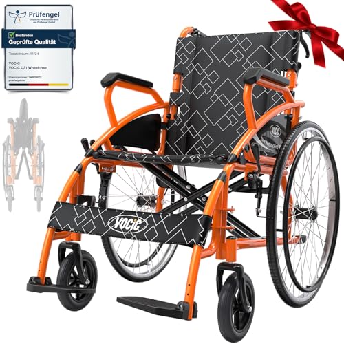 VOCIC Silla de ruedas plegable ligera hasta 150 kg, U31 con doble freno, silla de ruedas plegable (17,5 kg) con autopropulsión