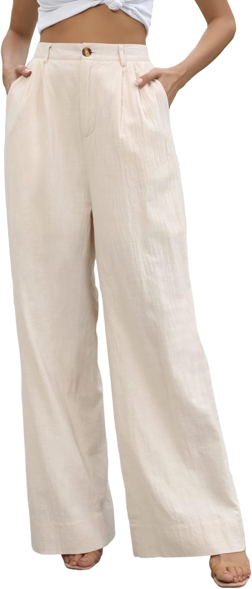 Kocowoo Linen Wide Leg Dress Pants for Women High Waisted Palazzo Pants Casual Lounge Beach Trousers with Pocket.