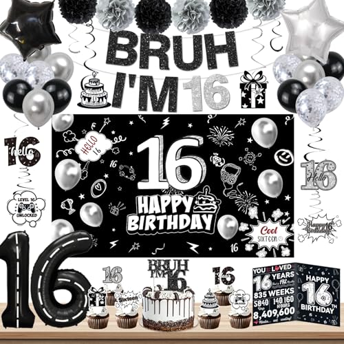 Black 16th Birthday Decorations Kit