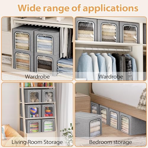 Image of 8 Pack Clothes Storage Bins with Metal Frame Foldable Clothing Storage Bins with Lids 49L Stackable Storage Box for Closet Fabric Organizer with Clear Window for Sweaters T-Shirts Bedding,Light Grey
