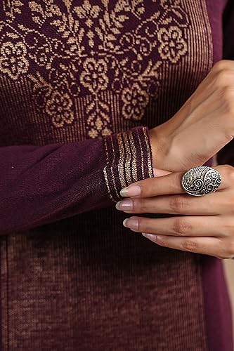 Image of Ishin Womens Polyester Straight Fit Jacquard Style Ethnic Motifs Winterwear Kurta