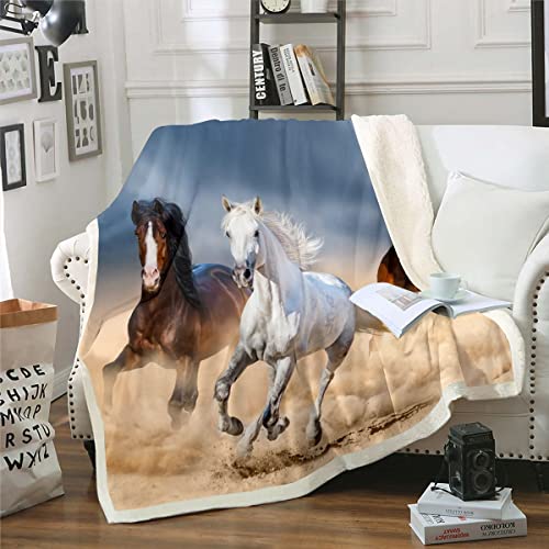 Horse Fleece Blanket, Galloping Horse Plush Bed Blanket for Kids Teens Youth, Wild Animal Theme Throw Blanket Modern Fashion Flannel Throw Room Decor Blankets, White Brown Maroon Throw 50"x6