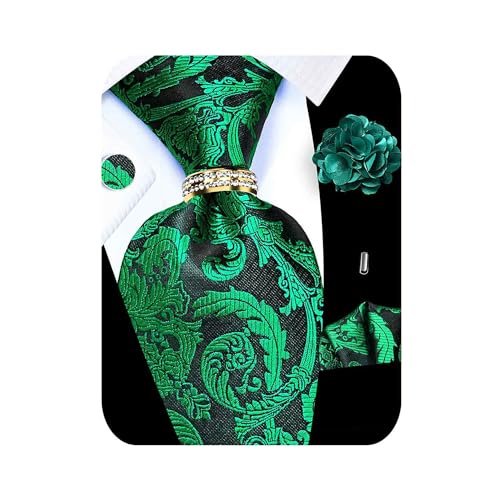 Image of 5PCS Tie and Pocket Square for Men, Silk Necktie and Handkerchief Cufflinks with Gold Ring and Lapel Pin Set