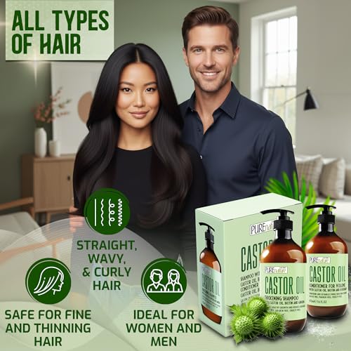 Image of Castor Oil Shampoo and Conditioner Set - Sulfate Free - Volume Thickening Products for Fine, Thinning Hair - Anti Breakage and Volumizing, Thick Professional Salon Formula - 16 Fl Oz (Set of 2)