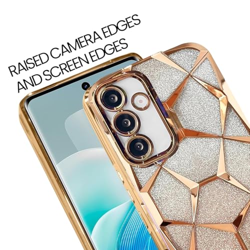 Image of VONZEE Gradient Glitter Clear Case for Samsung S25 Plus, Luxury Electroplated 3D Cube, Diamond Bling Shiny Soft TPU Clear Shockproof Women Girls Protective Phone Cover (Gold)