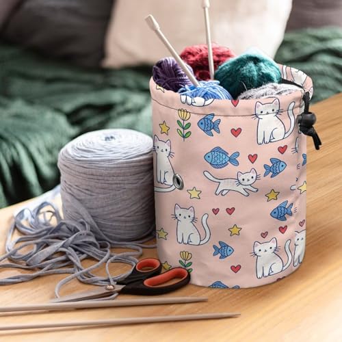 Image of Sellikakes Yarn Bag Crochet Storage Case, Cat Fish Knitting Crochet Storage Bag Portable Yarn Organzier Holder for Store Crocheting Project Skein Ball Sewing Needles Accessories
