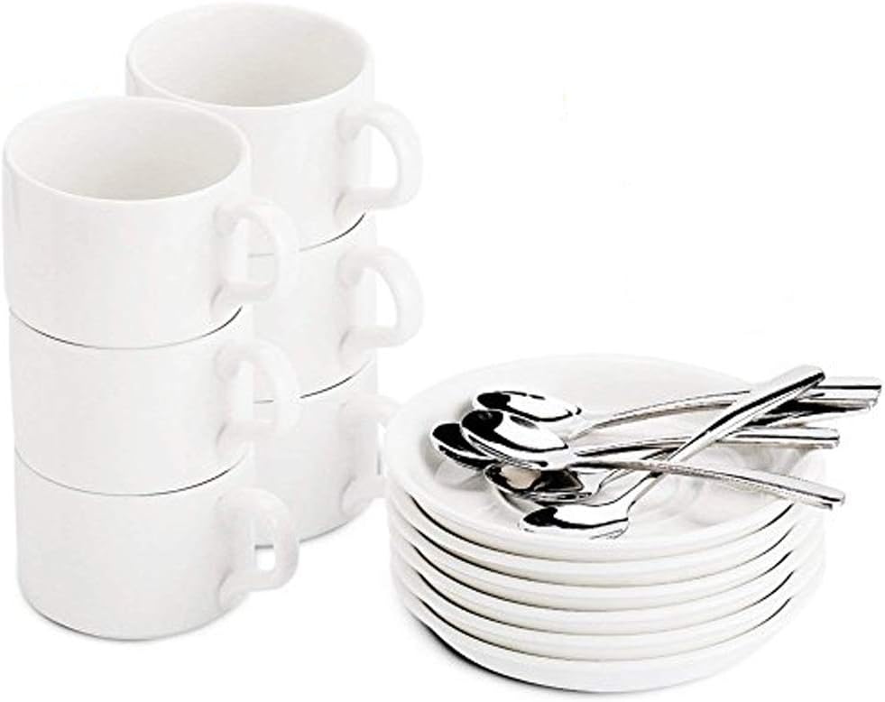 Espresso Cups with Spoons and Saucers - Demitasse Cups/Mugs - Set of 18 pcs - 5 Ounce White Mugs (Gift Package)