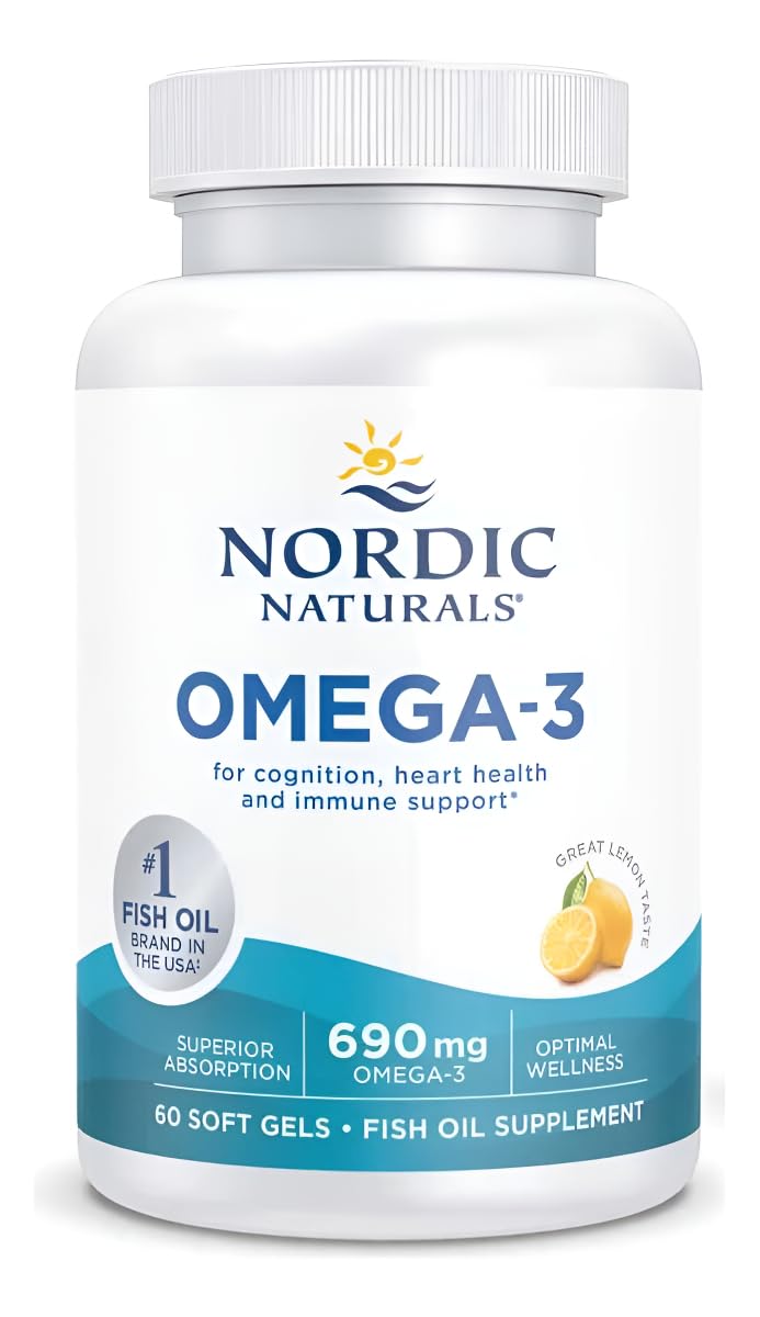 Omega-3, Lemon Flavor - 60 Soft Gels - 690 mg Omega-3 - Fish Oil - EPA & DHA - Immune Support, Brain & Heart Health, Optimal Wellness - Non-GMO - 30 Servings