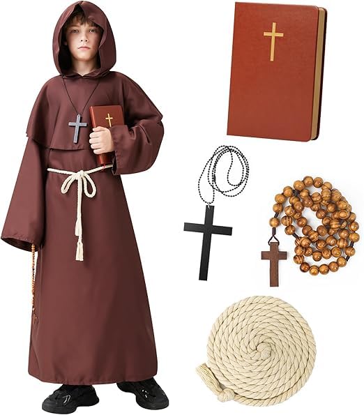 Lozzzyo Disfraces Halloween Niño, Disfraz Monje Niño Incluye Capucha, Collar con Cruz, Cuaderno Estilo Biblia, Cinturón Clásico y Rosario, Ideal Disfraz Halloween Niños. (130 cm)