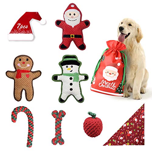 bellabailey Christmas Dog Chew Toys 7 Pack - 3 Squeaky Toys, 3 Rope Toys, and 1 Dog Bandana - Holiday Dog Toys for Small Medium Sized Dog - Santa& Snowman Set