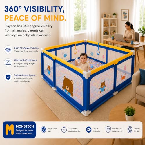 Image of MONSTECH Large Baby Playpen 150x180cm Pit Balls Playpen for Baby up to 5 Years with Anti-Fall Rings, Safety Lock, Breathable Mesh, Kids Activity Center Play Pen (Large-Blue)