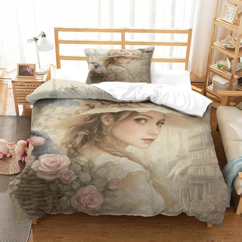 QDZHCPMYK 3D, Imprimé Vintage Woman—Romantic Illustration Style Parure De Lit Microfibre Super Douce Et Respirante Housse De Couette 2 Pièces Et Taie...