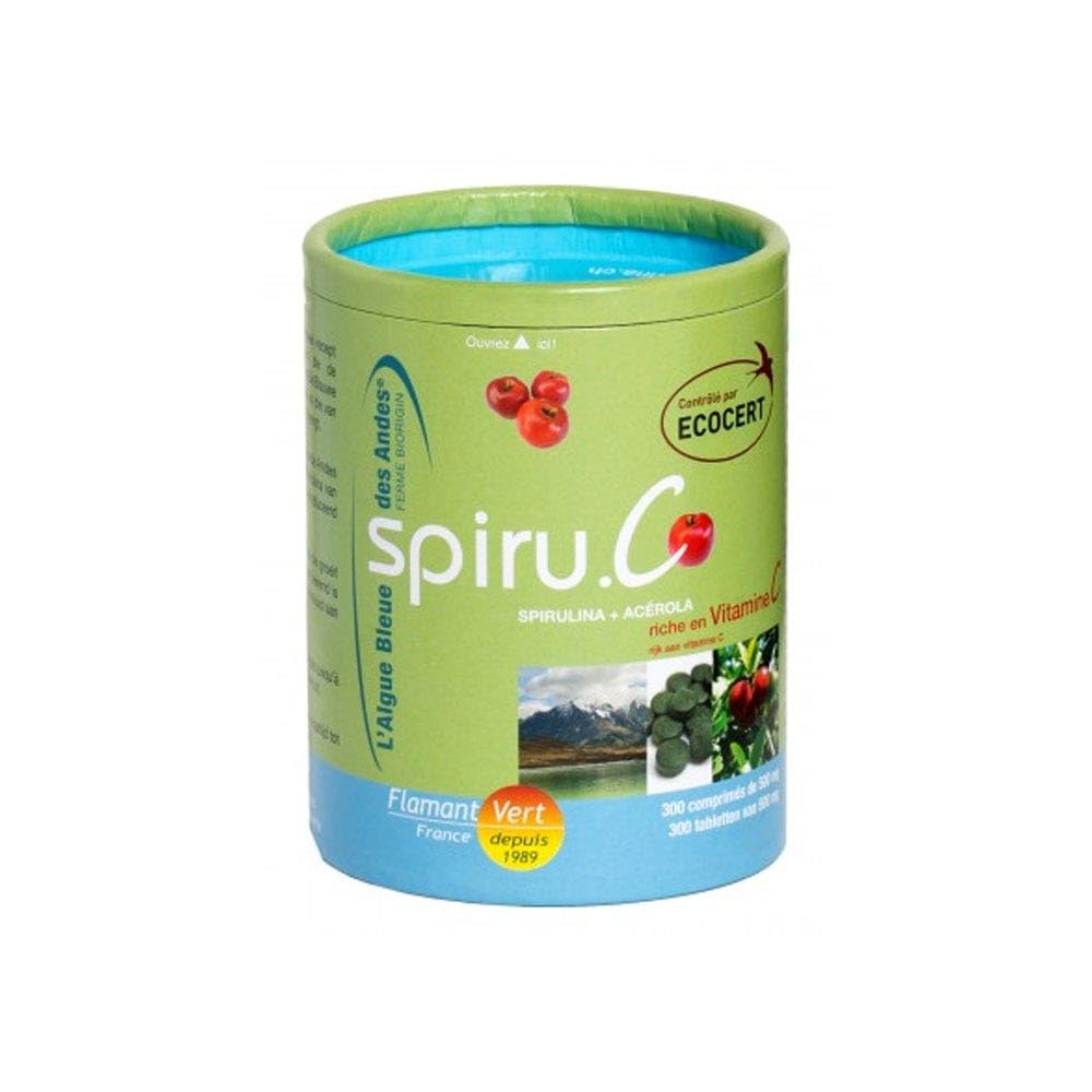 Flamant Vert Spiruline Algue Bleue des Andes et Acérola Bio 300 Comprimés de 500 mg