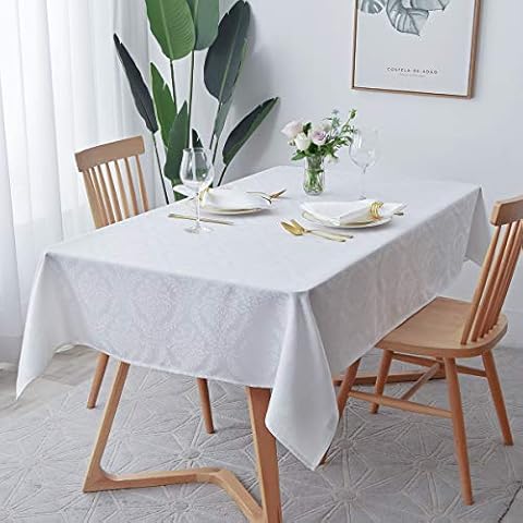 maxmill Jacquard Table Cloth Damask Design Water Proof Wrinkle Free Heavy Weight Soft Tablecloth Decorative Fabric Table Cover for Outdoor and Indoor Use Rectangular 60 x 104 Inch White Cover