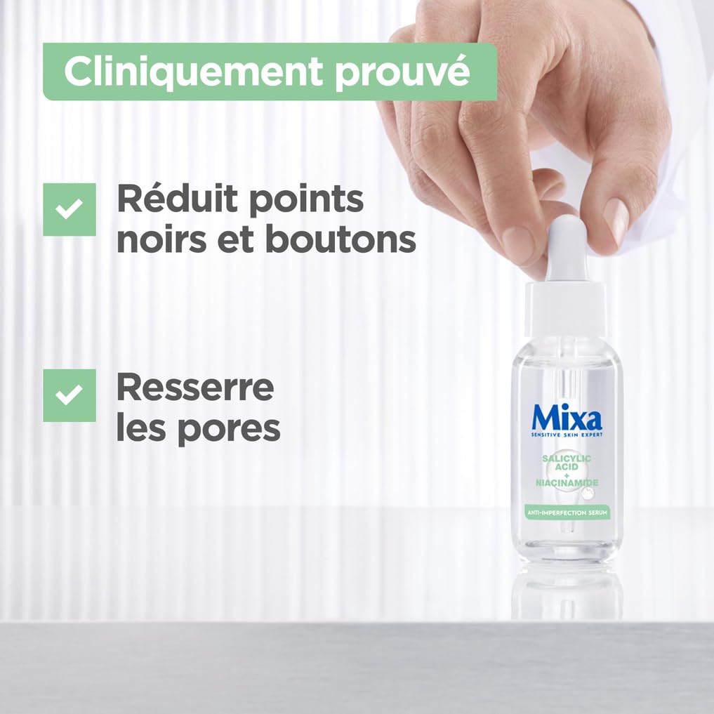 Mixa Sérum Concentré Anti-Imperfections, Sérum Visage avec Niacinamide et Acide Salicylique - Réduit Boutons, Points Noirs, Pores Resserrés, Convient aux Peaux Sensibles et à Imperfections, 30ml - 3
