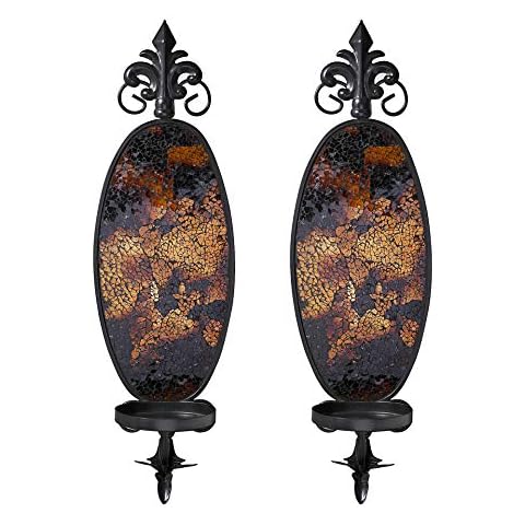 6 x 19 Inches Decorative Metal Wall Candle Sconce - Mosaic Glass Set of 2 (Gold Brown) Cover