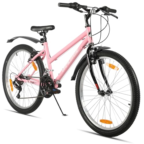 Hiland - Bicicleta de montaña para mujer de 26 pulgadas, para niñas y mujeres, 18 velocidades, con freno en V delantero y trasero, marco de acero resistente, color rosa