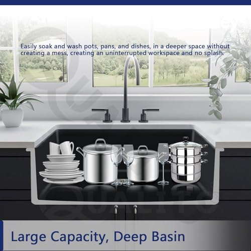 Image of Qualito Granite Quartz Kitchen Sink 31x19 Inch Black | Single Big Bowl Modern Sink | Matt Finish Kitchen Sink with Sink Coupling and Sink Waste Pipe | Sink for Kitchen (31x19 Inch Black)