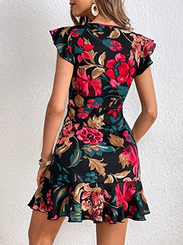 Image of Shasmi Girl's & Women's Floral Print Cap Sleeve Ruffle Trim Short Dress Summer Boho One Piece Mini Dress for Women Stylish Dresses (Midi 170)