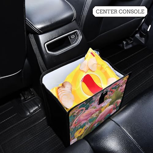 Image of Car Trash Can Organizer Bin with Adjustable Strap for Back Front Seat Console Waterproof Leakproof Collapsible Portable 8.66 Inch Pink Romantic Tropical Flamingo and Plants