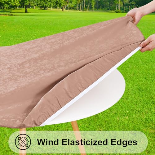 Image of Smiry Waterproof Heavy Duty Vinyl Fitted Tablecloth for 36 inch-44 inch Round Table | Elastic Plastic Table Cloth, Wipeable Washable Floral Patio Table Cover for Picnic, Kitchen and Dining, Tan