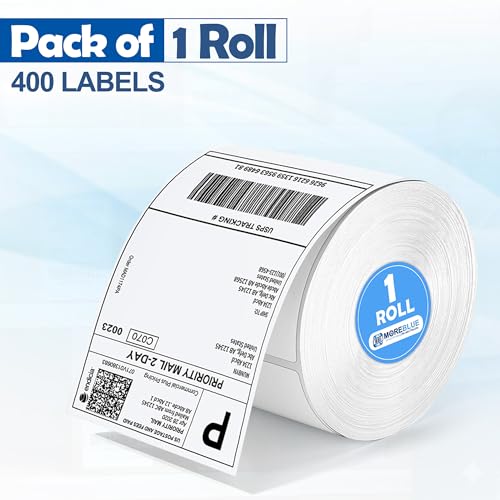 Image of MOREBLUE 4x6 Direct Thermal Label 70gsm (400 Labels Roll), Premium Self-Adhesive Strong Sticky Labels, Jam-Free Smudge-Proof Thermal Printer Labels for Courier & Online Sellers 1Roll