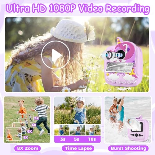 Kids Camera Instant Print, 48MP & 1080P HD Kids Digital Camera with 32GB SD Card, 3 Rolls Paper & Unicorn Silicone Cover, Birthday Presents for 3 4 5 6 7 8 9 Year Old Boys Girls - Image 3