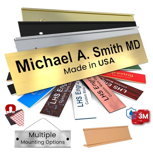 engraved name plates for desk and door signs personalized brushed brass plastic nameplate with black letters - made in usa 2x8 m6