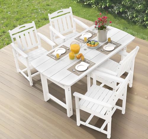 Image of Ciokea HDPE Outdoor Dining Set, 5-Piece Patio Table and Chairs Set with Umbrella Hole, All-Weather Patio Dining Sets for 4, Durable Patio Furniture for Backyard, Garden, Lawn & Poolside, White