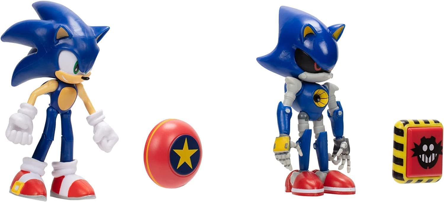 SONIC THE HEDGEHOG 4 Inch Articulated Action Figures 2 Pack, Includes Classic Sonic and Modern Metal Sonic And Shield Accessory