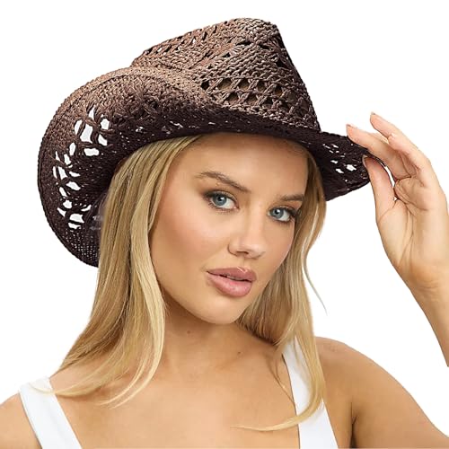 Image of DRESHOW Straw Cowboy Cowgirl Hat for Women Men Western Coastal Cowboy Beach Hat with Shapeable Brim Unisex Rolled up Caps