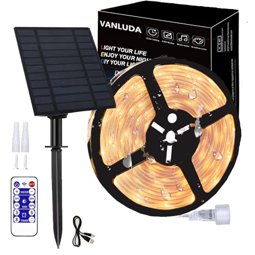 Strisce LED Solari da Esterno 5600 mAh, 10m 640 LED Striscia LED IP67 Impermeabili, Luci LED Bianche Calde con Telecomando, 2835 Luci a Corda SMD per Alberi da Giardino Natale