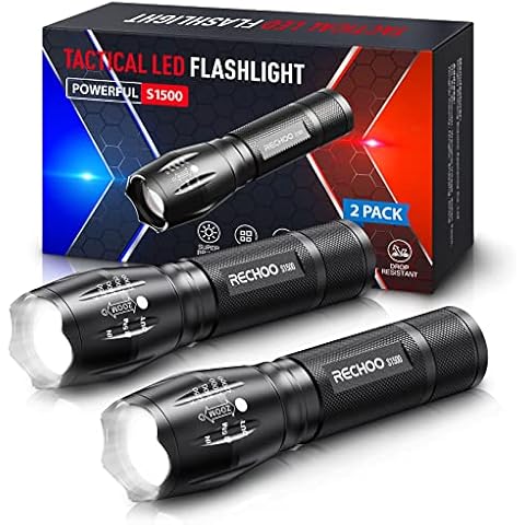 RECHOO LED Torch 2000 Lumen, 2 Pack Small Torches Led Super Bright with 5 Modes, Water Resistant, Zoomable Battery Powered Torches Flashlight for Kids Camping Fishing Gift Emergency Cover