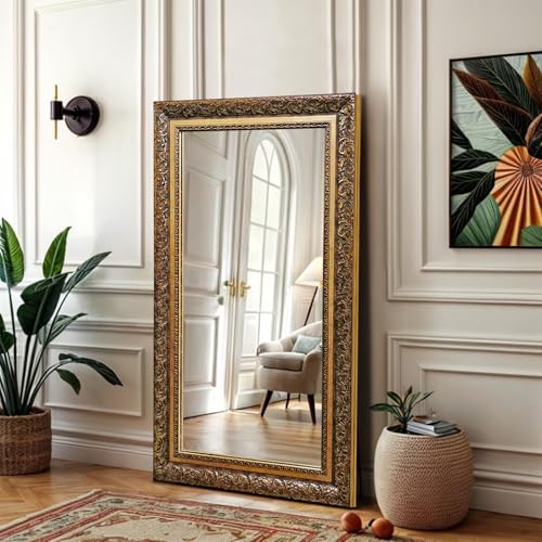 Image of Wooden Frame 3.5 ft Rectangular Wall Mounting Mirror Antic Look Black Golden | Home Decorative Vintage Mirror for Wall