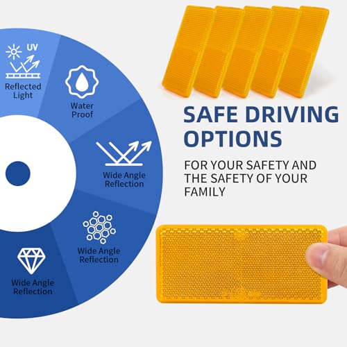 Image of 10 Pack Yellow Self Adhesive All Plastic 3.7'' Rectangle Reflectors for Mailbox, Motobikes, Trailers, Trucks, Boats, Suv's, RV's