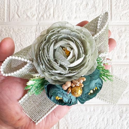 Image of ADIKALA Handmade Artificial Big Peonies 3 Flower Bunch for Trousseau Packing, Ready to use Flower Brooch Hamper for Decoration, Gift Wrapping Flowers (3, Green Jute)