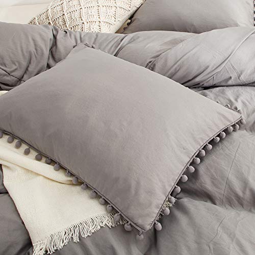 Light Grey Pillow Cases, Grey Pom Poms Pillowcases Set of 2, 100% Washed Microfiber, Gray Ball Fringe Standard Pillow Shams, 2 Pack (Standard, Light Grey)