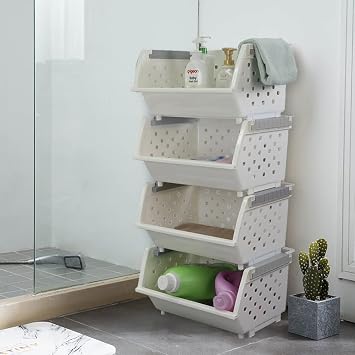 Kekow 4-Pack Plastic Large Stacking Organizer Basket, White