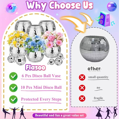 Image of 16 Pcs Disco Ball Vase Sets, 6 Pcs Disco Ball Vase Disco Ball Flower Vase & 10 Pcs Disco Balls with 3 Sizes, 3 inch X 4 inch Disco Ball Planter Candle for Wedding, Birthday, Party