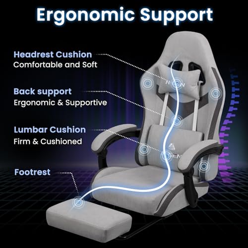 Image of N-GEN GAMING Video Gaming Chair Office Computer Desk Use Ergonomic Reclining Backrest Adjustable Armrests Lumbar Support Footrest High Density Foam Breathable Fabric Heavy Duty Base (Grey)