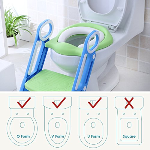 Mangohood Potty Training Toilet Seat with Step Stool Ladder for Boys and Girls Baby Toddler Kid Children Toilet Training Seat Chair with Handles Padded Seat Non-Slip Wide Step (Blue Green)