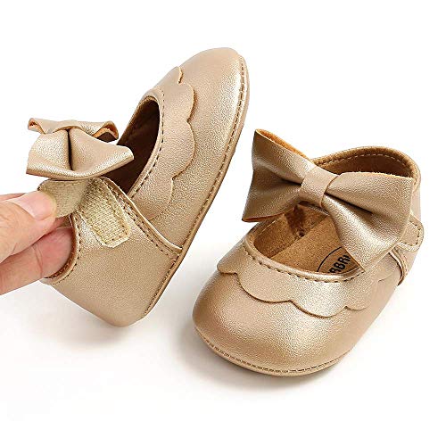 SOFMUO Baby Girls Mary Jane Flats Non-Slip Soft Rubber Sole Bowknot Infant Sneakers Toddler Princess Dress Walking Shoes(A01/Gold,0-6 Months)