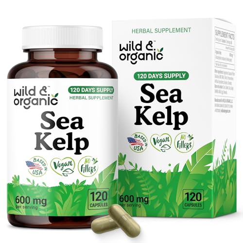 Wild & Organic Sea Kelp Capsules 600 mg - Immune & Overall Support - Sea Kelp Iodine Supplement for Men & Women - Ocean Seaweed Supplement - Vegan, No Fillers, Non-GMO - 120 Count